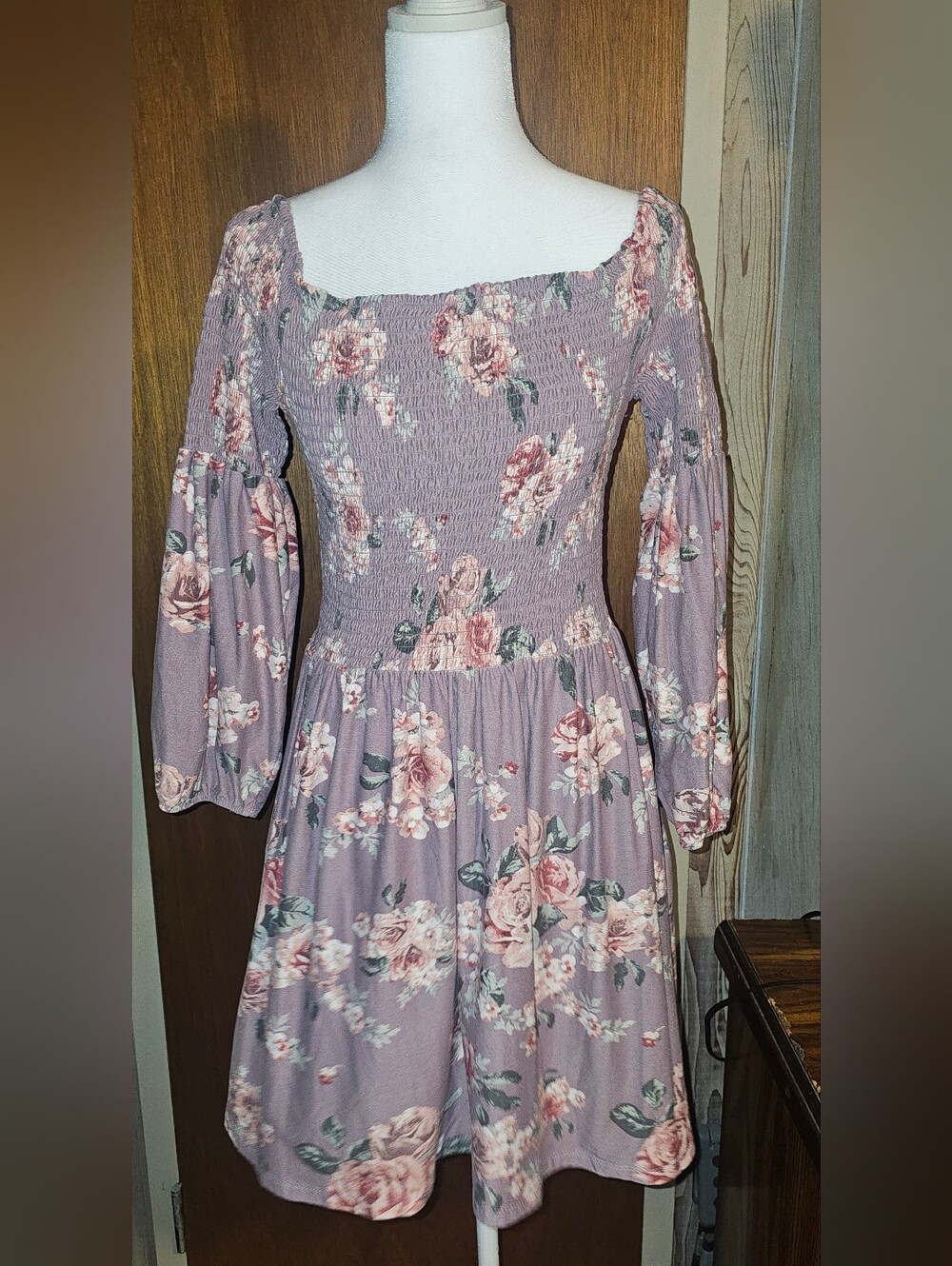 J for Justify Mauve Floral Smocked Long-Sleeve Dress